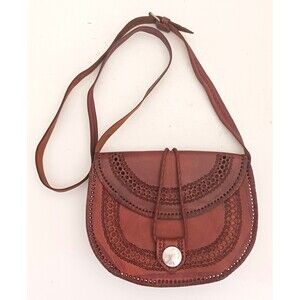 VTG Four Winds Brown Hand Tooled Leather Flap Front Crossbody Handmade Morocco